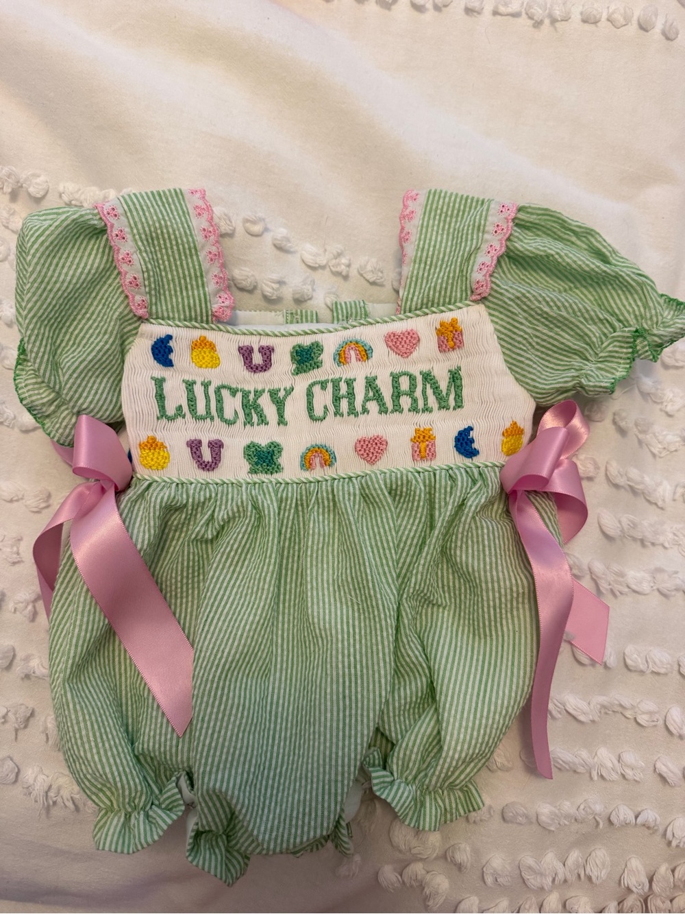 Lucky Charm Green Seersucker Baby One-Piece